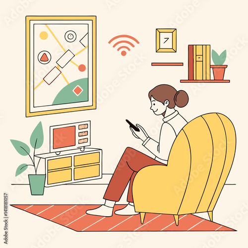 A woman sits in a cozy yellow armchair, smiling at her phone. The room includes modern decor, a small TV, plants, and wall art, with a visible Wi-Fi symbol.