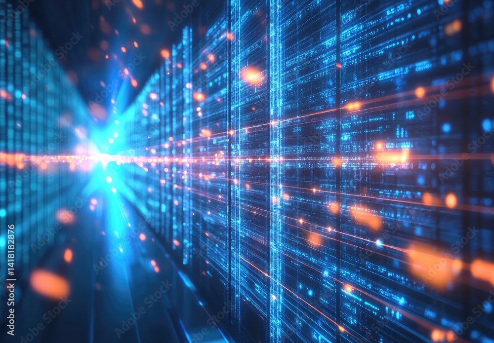 Fototapeta premium Blue data streams with glowing orange lights flow through a high-tech grid in a virtual space. Great for AI systems, digital networks, cybersecurity, and futuristic tech use