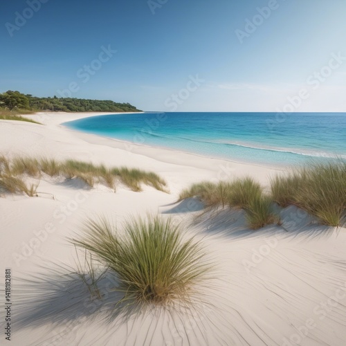 A picturesque beach with soft, white sand, surrounded by azure waters and bathed in sunlight.