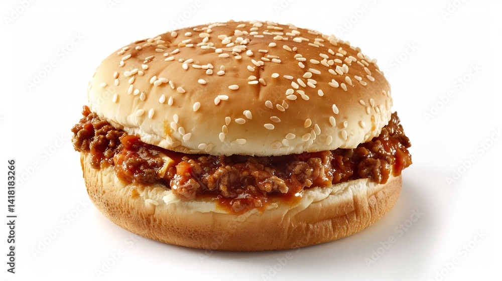 Sloppy joe sandwich sesame bun with beef and tomato sauce classic American school lunch food Sloppy joe sandwich sesame bun with beef and tomato sauce classic American school lunch food