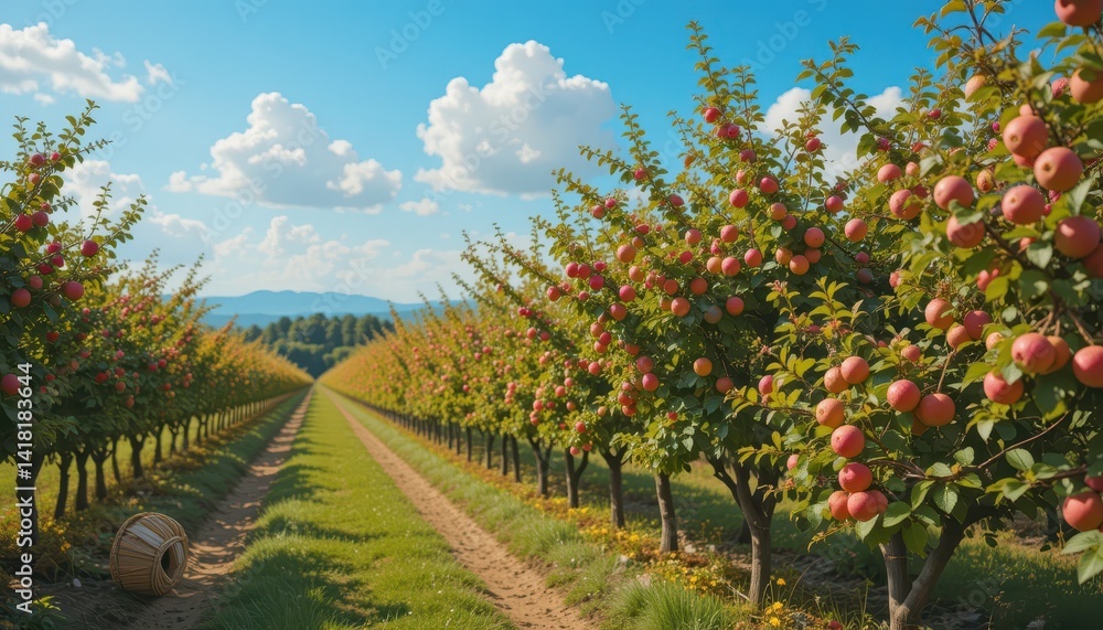 Naklejka premium Lush Apple Orchard Pathway Under Blue Sky and Fluffy Clouds