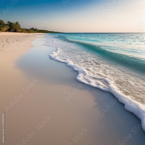A picturesque beach with soft, white sand, surrounded by azure waters and bathed in sunlight.