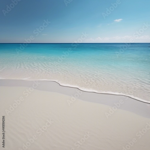 A picturesque beach with soft, white sand, surrounded by azure waters and bathed in sunlight.