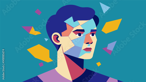 A selfportrait fragmented into pieces as if it is still in the process of being put together reflecting the idea of selfdiscovery and selfacceptance. Vector illustration