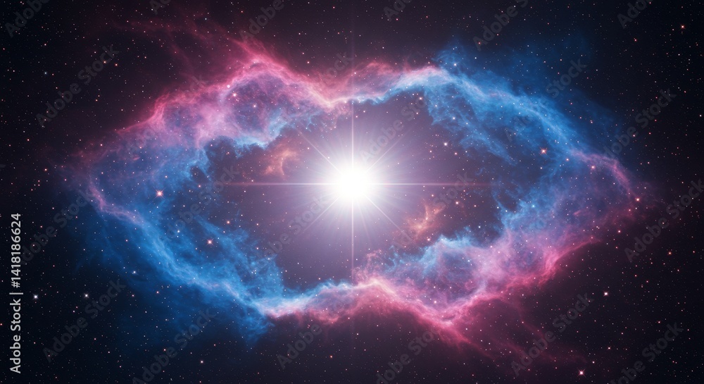 Obraz premium Celestial Dawn: A Star's Birth - A vibrant nebula surrounds a brilliant star, creating a cosmic spectacle of pink and blue hues. Perfect for astronomy, science fiction, or space-themed projects