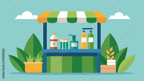 A booth offering natural cleaning supplies free of harmful chemicals and packaged in biodegradable materials.. Vector illustration