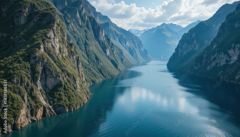 Majestic Mountain Landscape with Serene River and Lush Hills Majestic Mountain Landscape with Serene River and Lush Hills