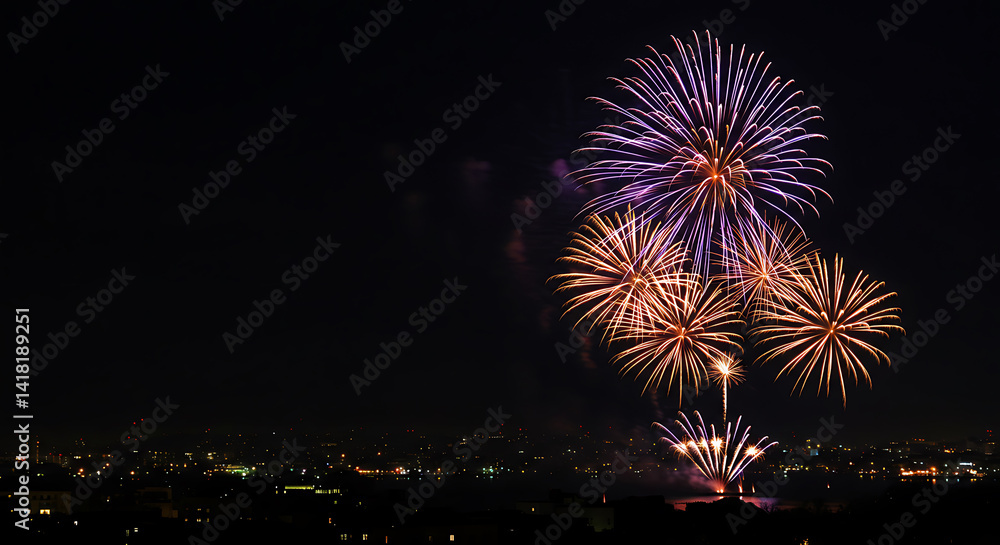 Vibrant Fireworks Exploding over City Skyline at Night Stock Photo for Celebrations Vibrant Fireworks Exploding over City Skyline at Night Stock Photo for Celebrations