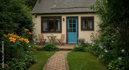 Cottage Garden Retreat  Brick Path to Tranquility - Peaceful cottage  blooming garden  brick path  inviting terrace  serene escape. Symbolizing tranquility  nature  home  comfort  and rejuvenation