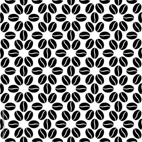 Coffee seamless pattern. Repeating coffee bean patterns. Repeated black beans isolated on white background. Geometric coffe texture. Seed for cafe. Abstract grain. Grains prints. Vector illustration