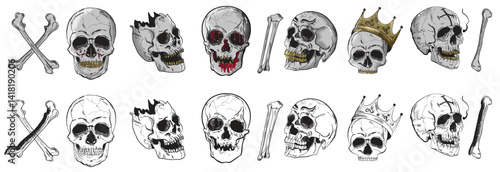 Skulls and Crossbones: A macabre collection of illustrated skulls and crossbones evokes a sense of intrigue and the ephemeral nature of life.