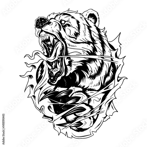 Fierce Bear Head: A fierce illustration showcases a bear head with sharp claws and an open mouth, embodying raw power and untamed wilderness.