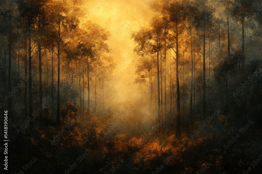 Fototapeta premium Dark forest with eerie, yellow and black trees shrouded in mist, creating a haunting and mysterious atmosphere.