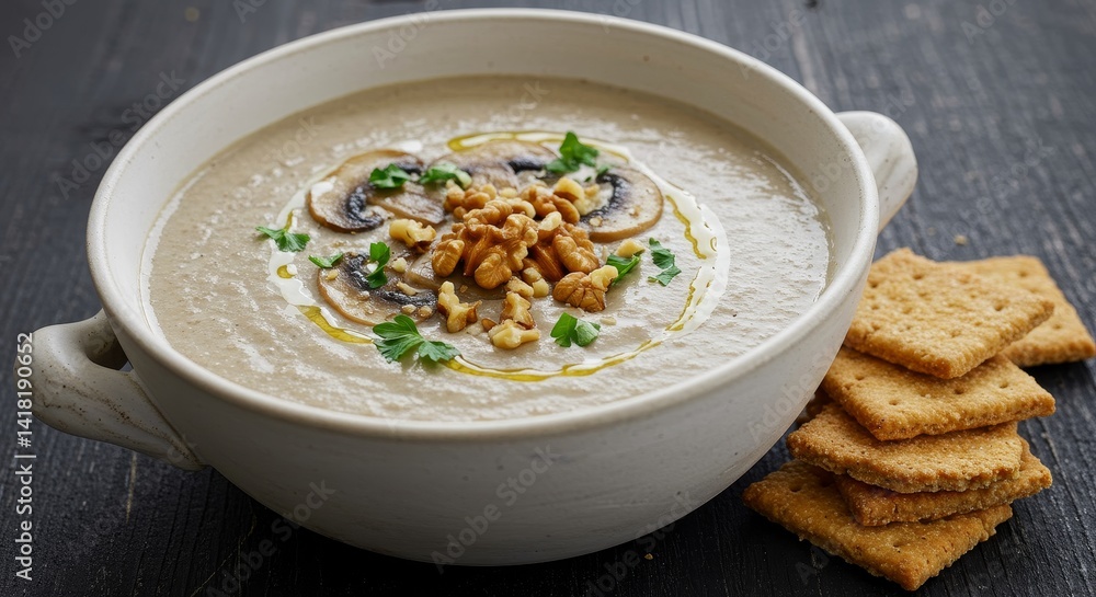 Creamy Mushroom Soup with Walnuts - Delicious creamy mushroom soup garnished with walnuts and served with crackers. Perfect comfort food Creamy Mushroom Soup with Walnuts - Delicious creamy mushroom soup garnished with walnuts and served with crackers. Perfect comfort food