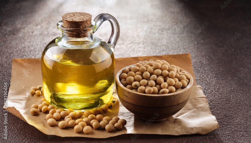 oil and soy beans on brown paper oil and soy beans on brown paper