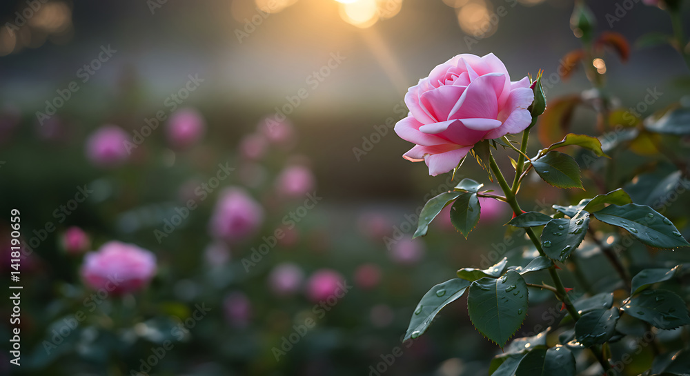 Obraz premium Delicate pink rose bloom with dew drops, bathed in soft golden sunrise light, blurred garden background, concept for romance, spring celebration and natural beauty promotion