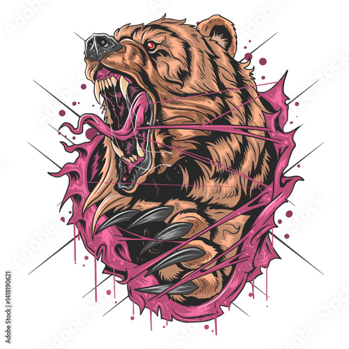 Aggressive Bear: A powerful illustration of an enraged bear, showcasing its sharp claws and teeth, exuding raw power and untamed ferocity within a dynamic artistic composition.