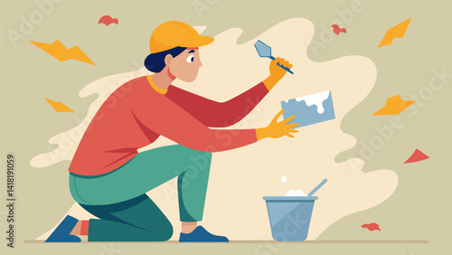An artist carefully filling in cracks and chips in the plaster preparing the surface for a delicate restoration of the faded fresco.. Vector illustration
