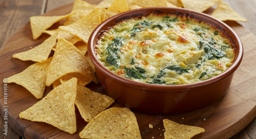 Creamy Spinach Artichoke Dip with Tortilla Chips - Warm, cheesy spinach artichoke dip served with crispy tortilla chips. Perfect appetizer or party snack