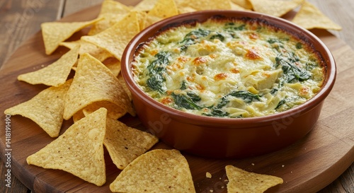 Obraz na płótnie Creamy Spinach Artichoke Dip with Tortilla Chips - Warm, cheesy spinach artichoke dip served with crispy tortilla chips. Perfect appetizer or party snack w salonie