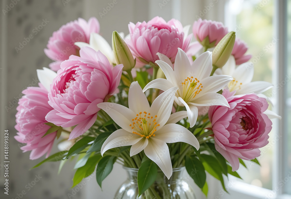 Beautiful bouquet of pink peonies and white lilies Beautiful bouquet of pink peonies and white lilies