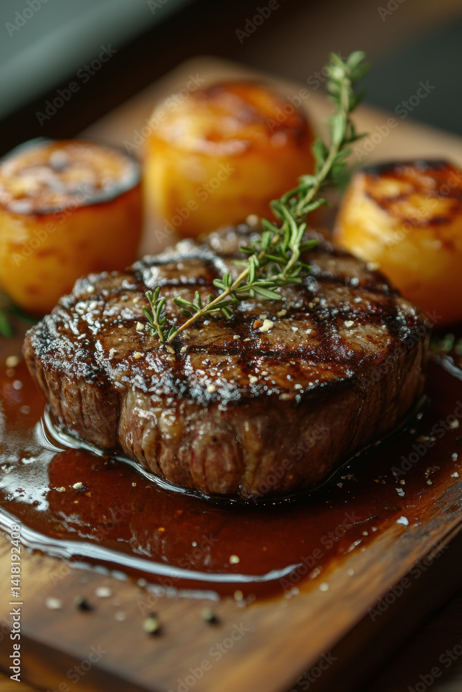 Juicy steak with crispy roasted potatoes and fragrant rosemary on a white plate. Juicy steak with crispy roasted potatoes and fragrant rosemary on a white plate.