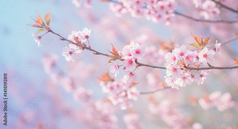 Delicate Pink Blossoms in Spring - Soft focus of delicate pink cherry blossoms on a branch, bathed in soft sunlight. Perfect for spring themes Delicate Pink Blossoms in Spring - Soft focus of delicate pink cherry blossoms on a branch, bathed in soft sunlight. Perfect for spring themes