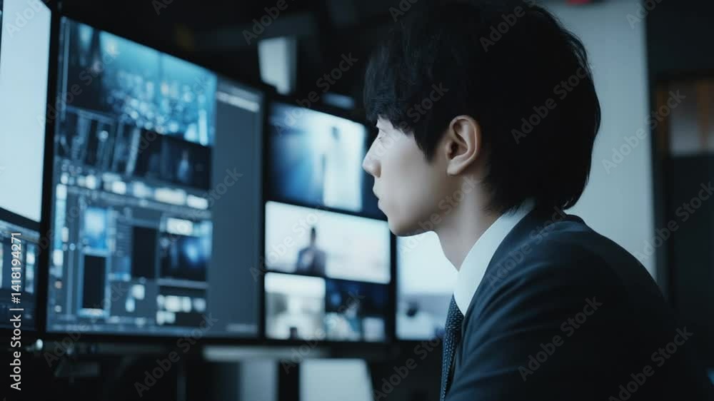Young businessman in suit monitoring live feeds on multiple computer screens intently Young businessman in suit monitoring live feeds on multiple computer screens intently