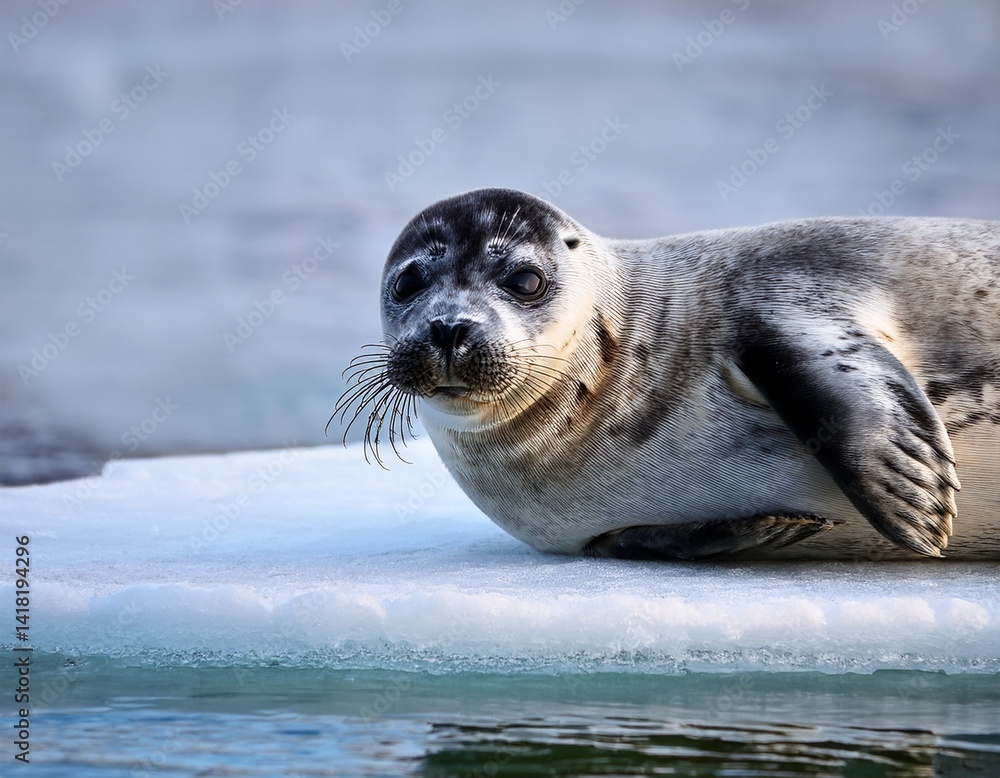 Obraz premium Ringed seal resting on the ice, speckled fur in clear detail