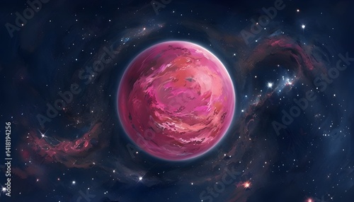Vibrant Pink Planet Amidst A Deep Navy Cosmic Backdrop