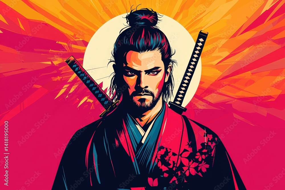 A stylized illustration of a samurai warrior against a vibrant background featuring sun rays, embodying themes of strength and tradition.