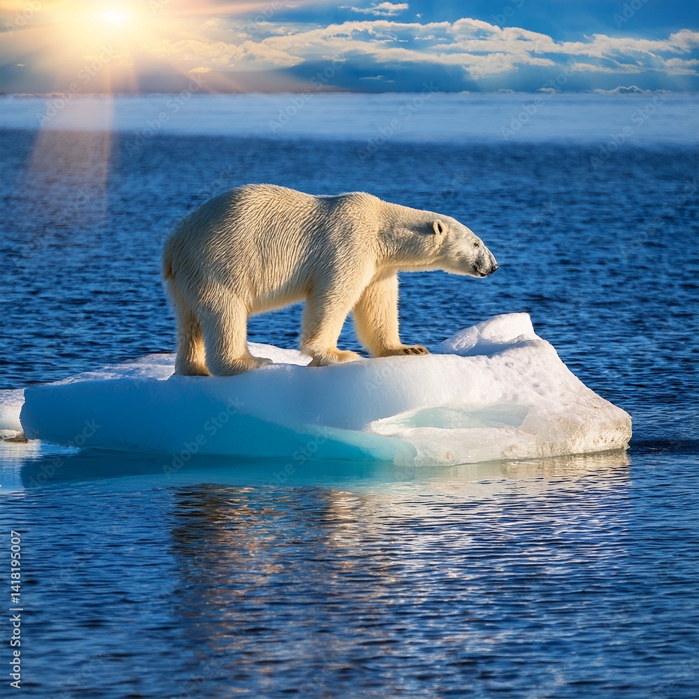 Naklejka premium Polar bear standing on a floating iceberg, sunlight reflecting on the ice