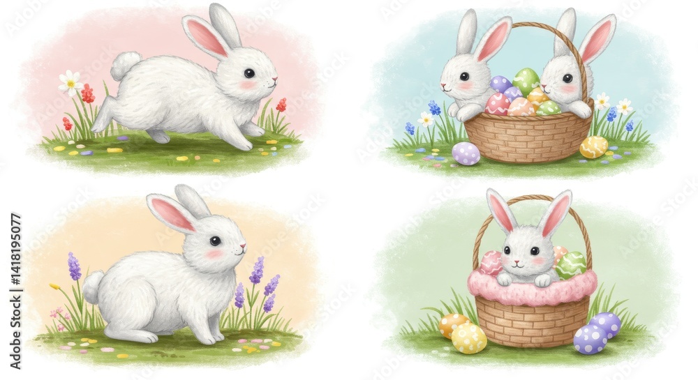 Obraz premium Easter Bunnies Pastel Spring Collection - Four adorable bunnies celebrate Easter. Pastel colors, springtime flowers, and baskets of eggs symbolize joy, new beginnings, spring, and celebration