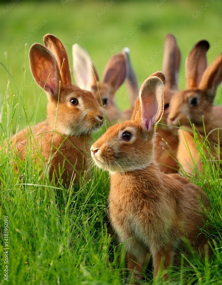 Group of brown rabbits in a green meadow, ears up, surrounded by tall grass. Group of brown rabbits in a green meadow, ears up, surrounded by tall grass.