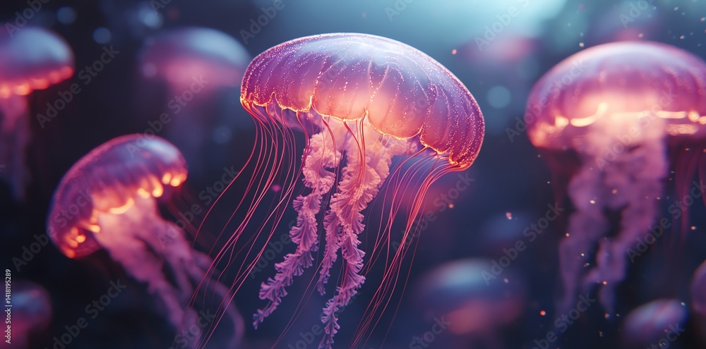 Fototapeta premium Glowing Jellyfish Floating in Deep Ocean Water