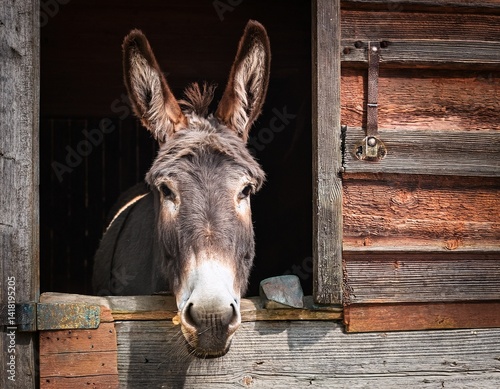 Gray donkey peeking out from a wooden barn door, sweet expression
