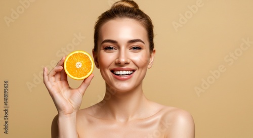 Portrait of joyful woman with bun hairstyle and fresh orange slice