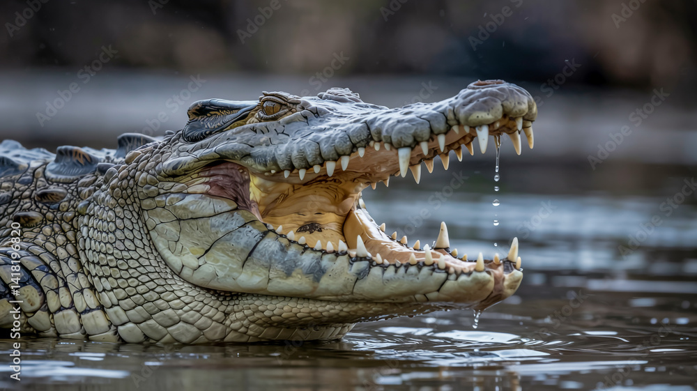 Fototapeta premium Crocodile open jaw, teeth razor-sharp, water droplets, white backdrop, dramatic shadows