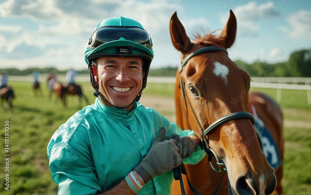 Obraz premium Joyful Jockey and Horse Embrace the Race Track Triumph