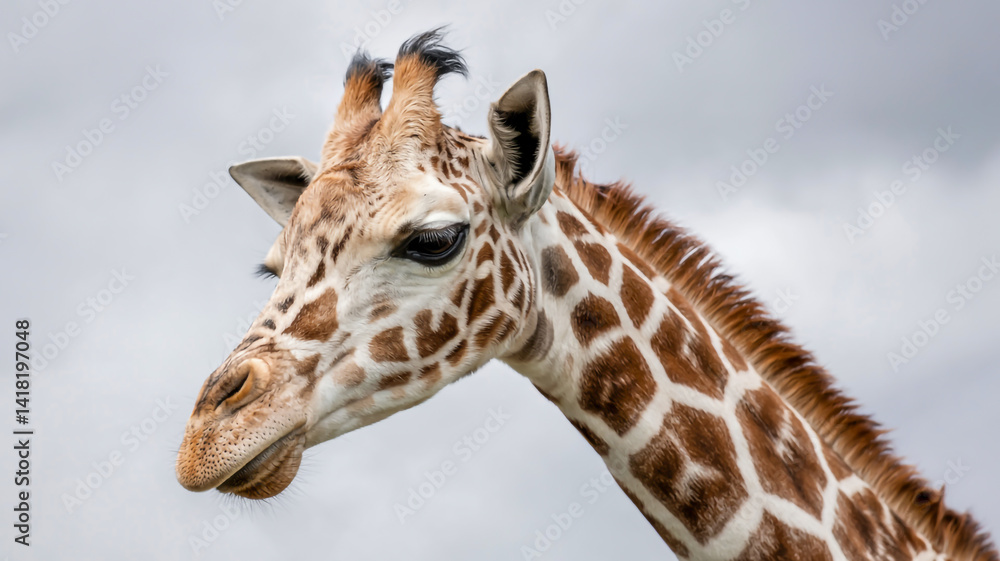 Giraffe neck and head in profile, intricate spotted pattern, soft shadows, minimalist white studio setting Giraffe neck and head in profile, intricate spotted pattern, soft shadows, minimalist white studio setting