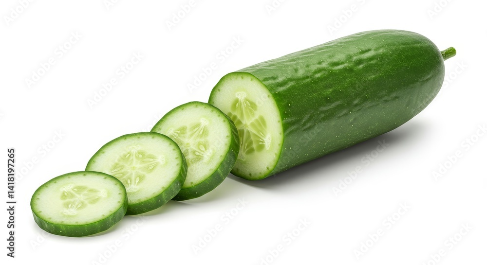 Fresh Cucumber Slices and Whole Vegetable - Healthy eating, refreshing snack, cool hydration, vibrant green, summer goodness Fresh Cucumber Slices and Whole Vegetable - Healthy eating, refreshing snack, cool hydration, vibrant green, summer goodness