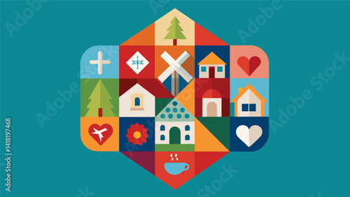 A quilt made by the womens group in the church with each patch representing a different aspect of the churchs community outreach and service projects.. Vector illustration