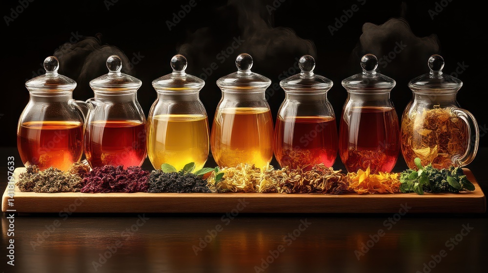 An Array of Herbal Teas in Glass Pots with Steam Displayed on a Wooden Tray with Dried Herbs a An Array of Herbal Teas in Glass Pots with Steam Displayed on a Wooden Tray with Dried Herbs a