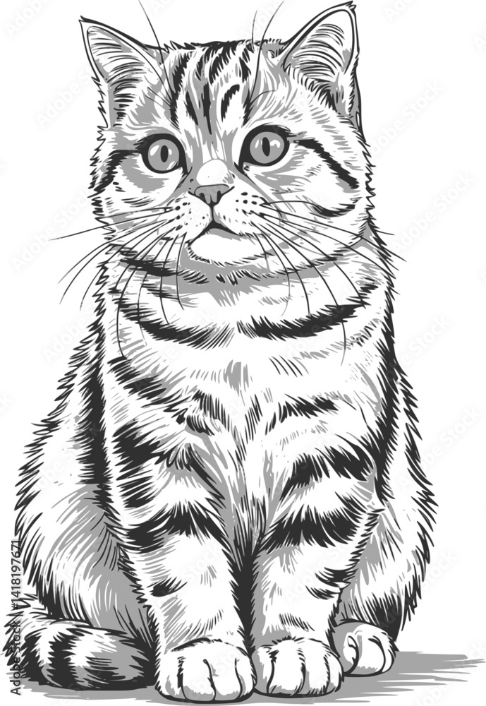 Fototapeta premium Black and White Line Drawing of a Sitting British Shorthair Cat – Hyperrealistic Vector Illustration with Detailed Fur Texture and Expressive Eyes, Perfect for Prints, Posters, and Pet-Themed Designs 