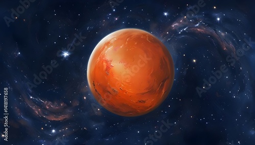 Vibrant Orange Planet Against Deep Navy Cosmic Backdrop