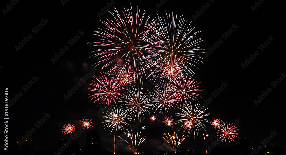 Fireworks Bursting in Night Sky, Festive Celebration Display for Holiday Backgrounds Fireworks Bursting in Night Sky, Festive Celebration Display for Holiday Backgrounds