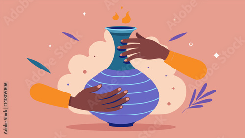 A potters hands shaping a delicate vase mirroring the delicate process of selfdiscovery and growth in therapy.. Vector illustration