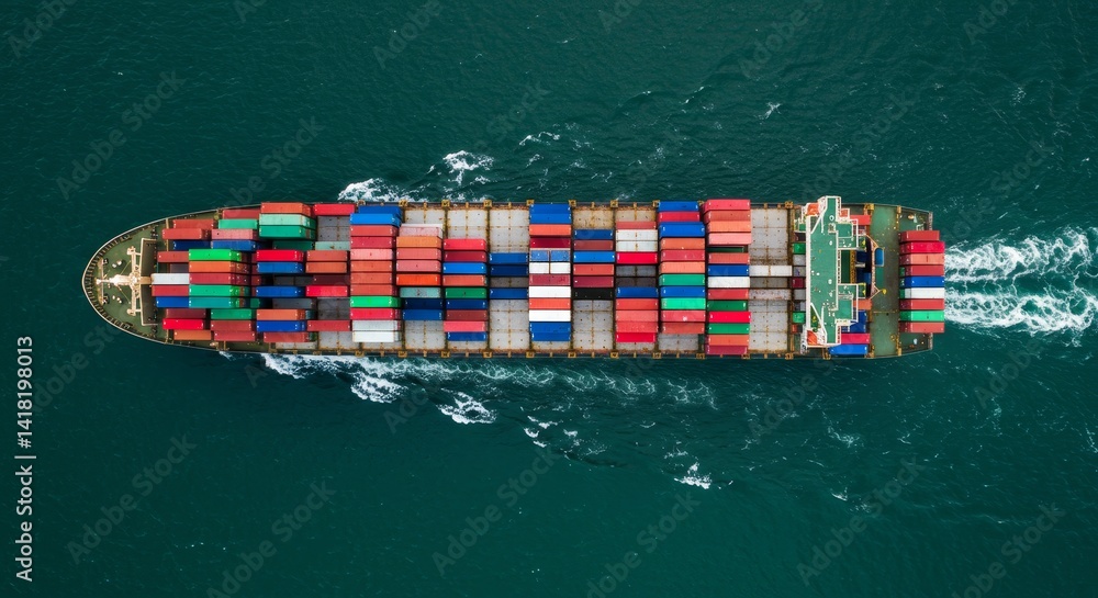 Fototapeta premium Global Cargo Ship Ocean Freight Vessel - A massive cargo ship sails the ocean, symbolizing global trade, international shipping, logistics, import/export, and economic connectivity