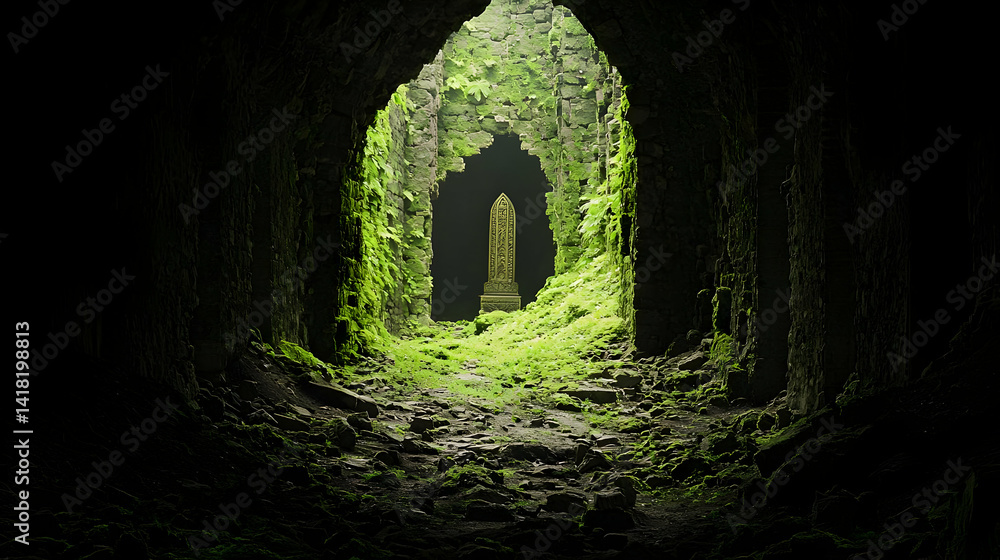 Fototapeta premium Pixelated Ancient Cave Passageway With Overgrown Plants