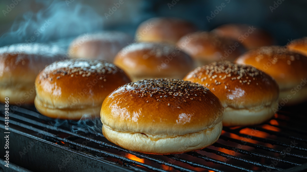 Grilled burger buns with sesame seeds on a barbecue grill. Grilled burger buns with sesame seeds on a barbecue grill.